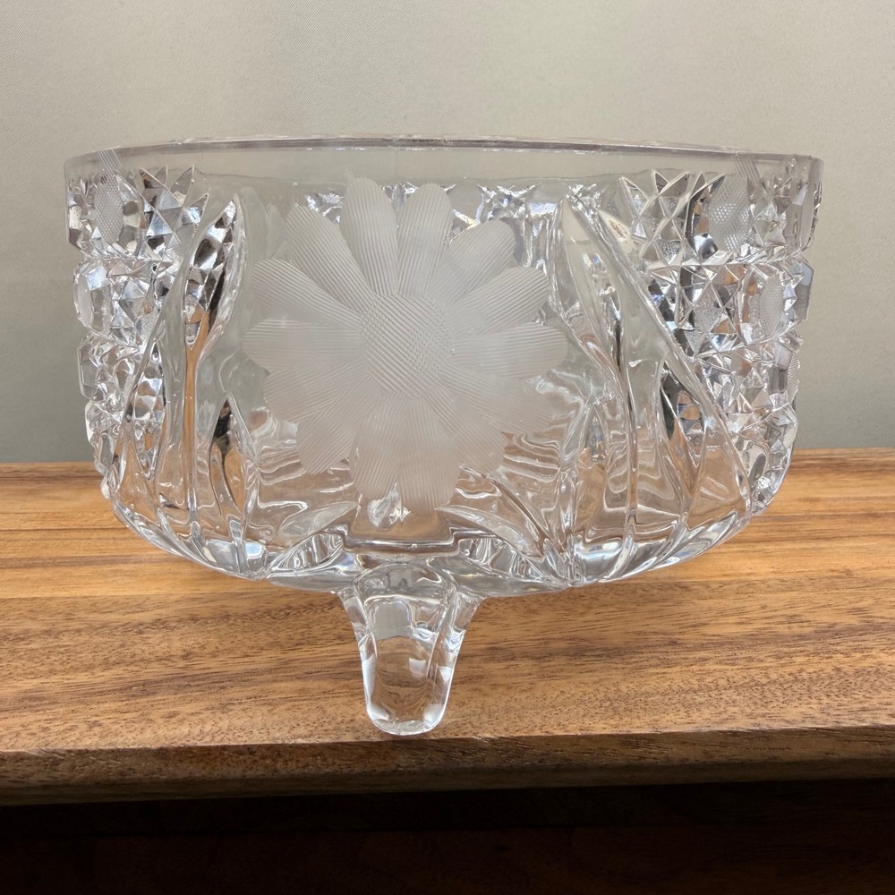 Bohemian Czech Republic Cut Crystal Footed Bowl Frosted Floral Daisy 7.25 Inch